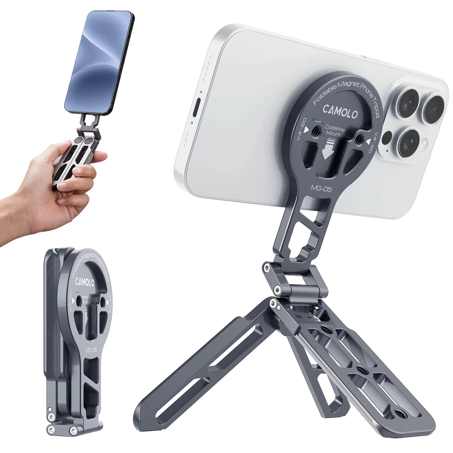 Magsafe Tripod Magnetic Phone Holder for Iphone HUAWEI Foldable Desktop Phone Mount with Arca-Swiss Cold Shoe for Phone Vlog